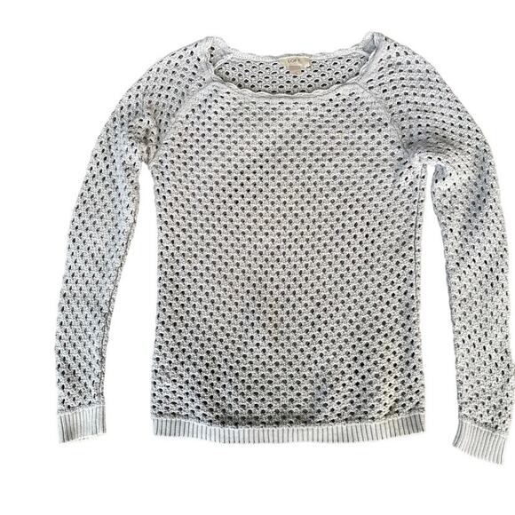 Loft Open Knit Pullover Sweater Sz S Gray Long Sleeve Scallop Neckline - Picture 7 of 10